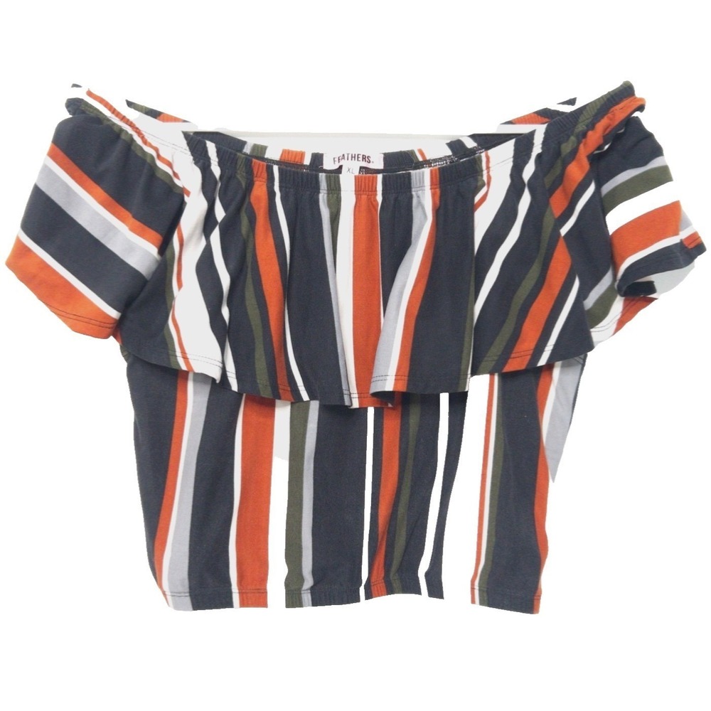 Feathers Retro 70s Vertical Stripe Off Shoulder Stretchy Crop Top Womens L XL